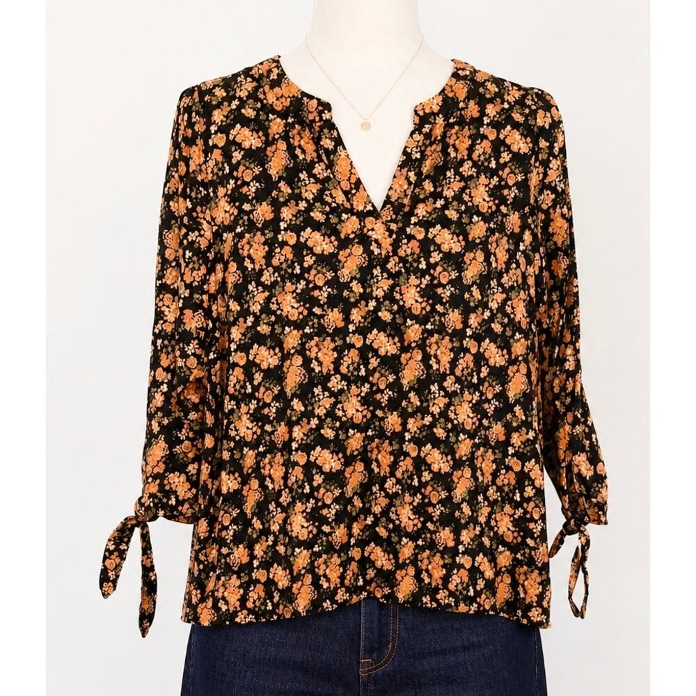 Cynthia Rowley Floral V-Neck Blouse L Black Orange Tie Sleeve Boho Dark Florals